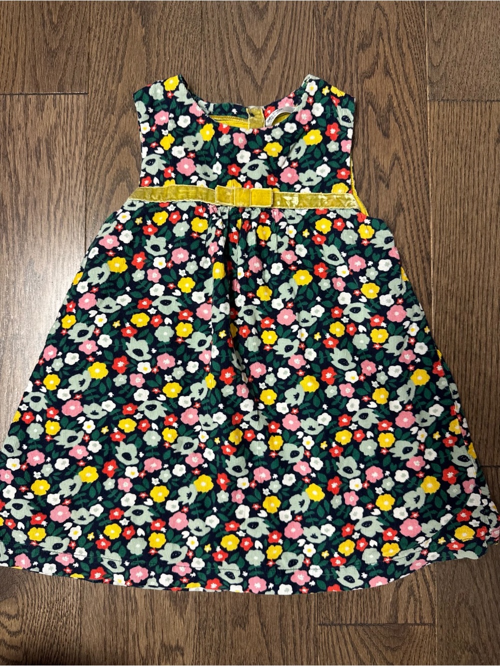 Baby Boden Navy Floral Dress with Yellow Velvet Waist Bow